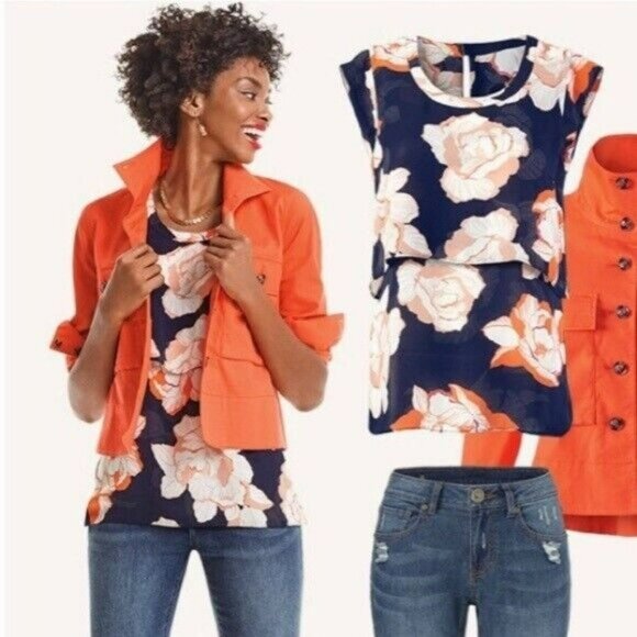 CAbi Style 5030 Womens Floral Blossom Tiered Blouse Top Small Blue Short Sleeve - Picture 2 of 5